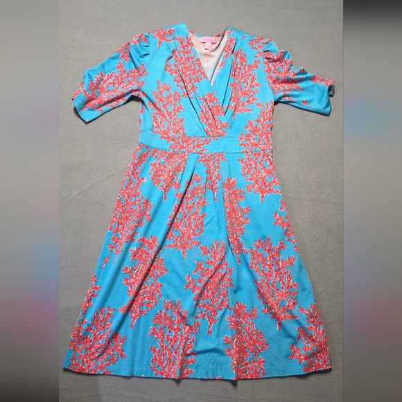 Lilly Pulitzer Vibrant Coral Blue Midi Dress Size Small EUC PTP 29 Length 35 - Picture 2 of 4